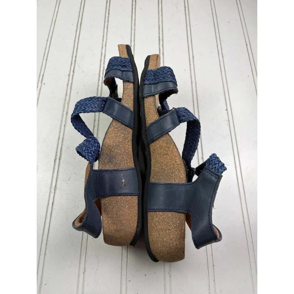 Taos Trulie Navy Leather Strappy Hook & Loop Wedge Sandals Women's Size 37 6-6.5